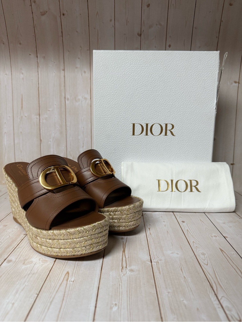 Christian Dior 30 Montaigne Espadrille Wedge Slide Sandal Brown Sz 36.5 / 6.5